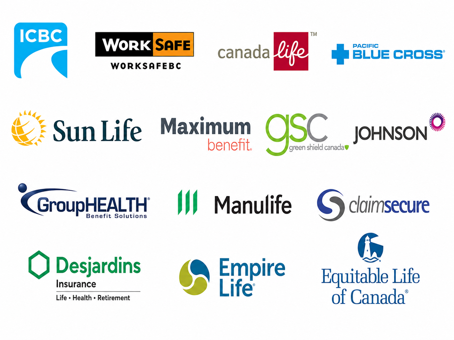 Insurance logos including ICBC, WorkSafe BC, Canada Life, Pacific Blue Cross, Manulife and Sun Life