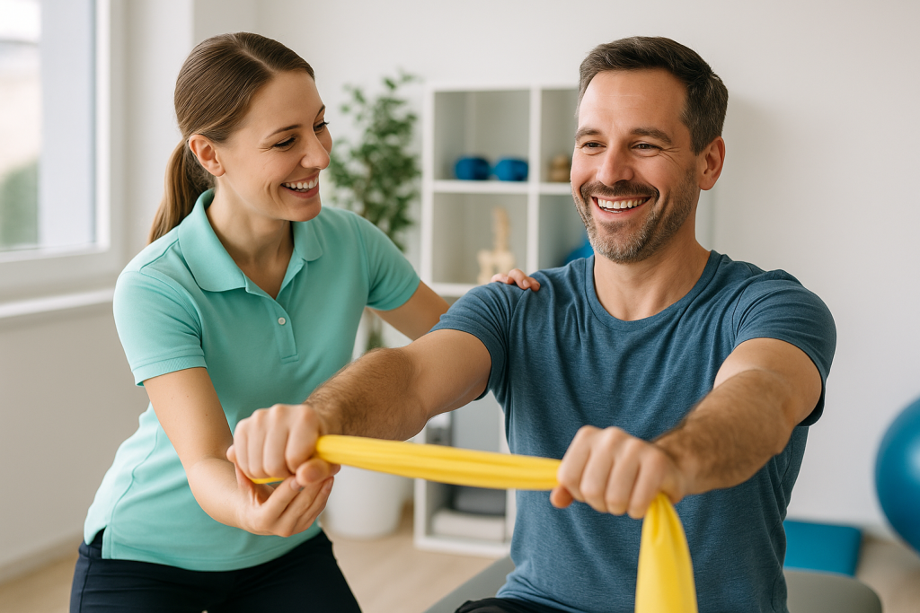 Patient exercising with support from a physiotherapist